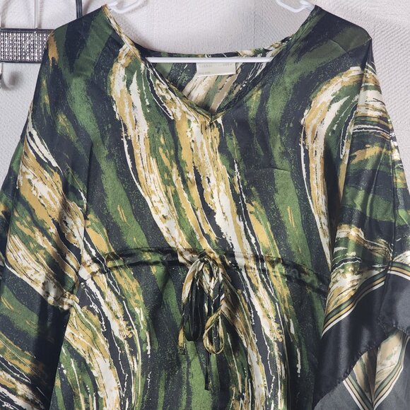 Bobbie Brooks Vtg Green Black Gold Abstract Stripe Cinch Waist Poly Kaftan OSFM - Picture 6 of 16